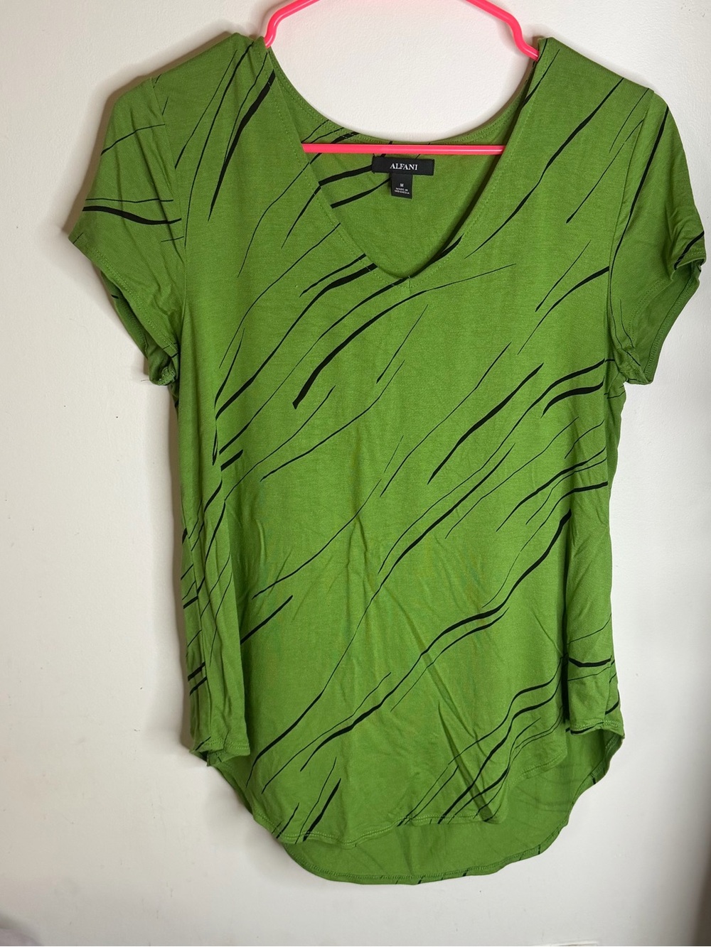 Alfani Bright Green Short Sleeve V-Neck Top with Black Stripe Accents
